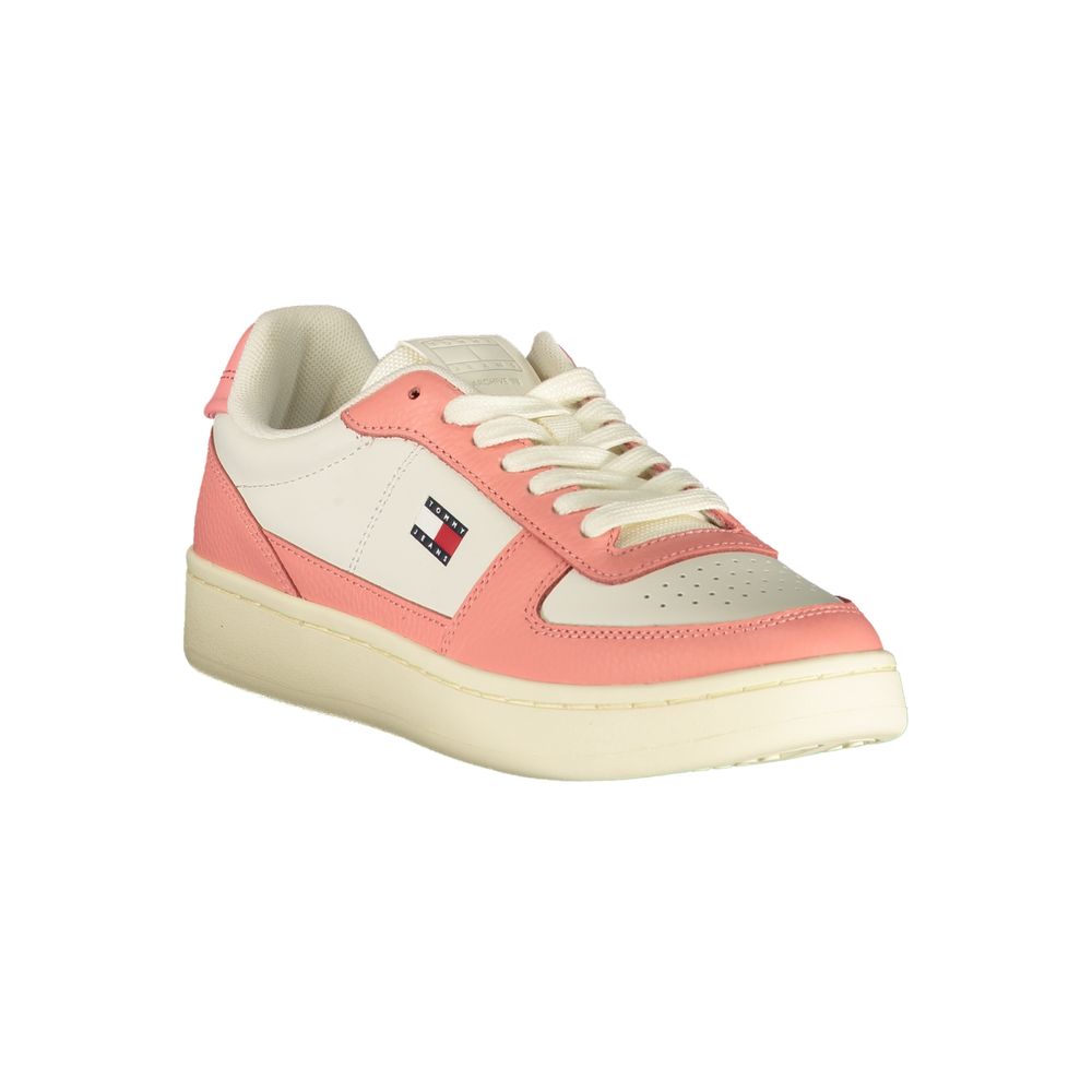 Athletic Sneakers by Tommy Hilfiger for women in polyester pink, white & print features an architectural silhouette from the Women's Athletic Polyester Sneakers collection, showcasing a architectural athletic style for a architectural look.