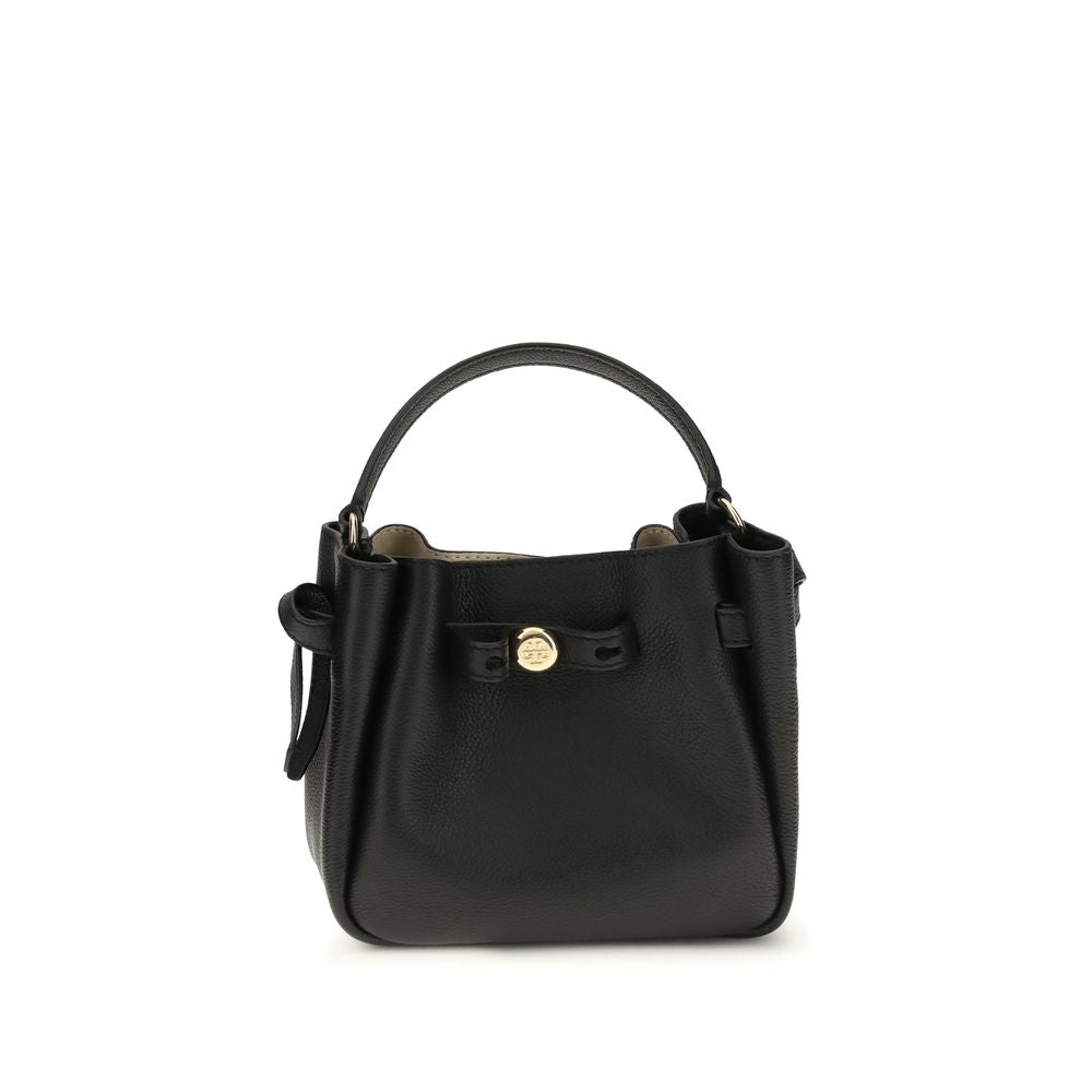 Mini Bucket Shoulder Bag by Tory Burch for women in bos taurus calf grained & suede leather black features a effortless sophistication silhouette, secured by a snap, magnetic & button with ample and versatile shoulder-strap, handle & adjustable-strap for a effortless sophistication finish.