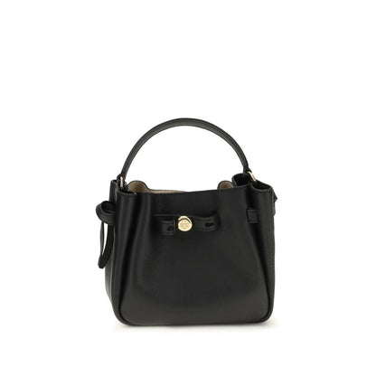 Mini Bucket Shoulder Bag by Tory Burch for women in bos taurus calf grained & suede leather black features a effortless sophistication silhouette, secured by a snap, magnetic & button with ample and versatile shoulder-strap, handle & adjustable-strap for a effortless sophistication finish.