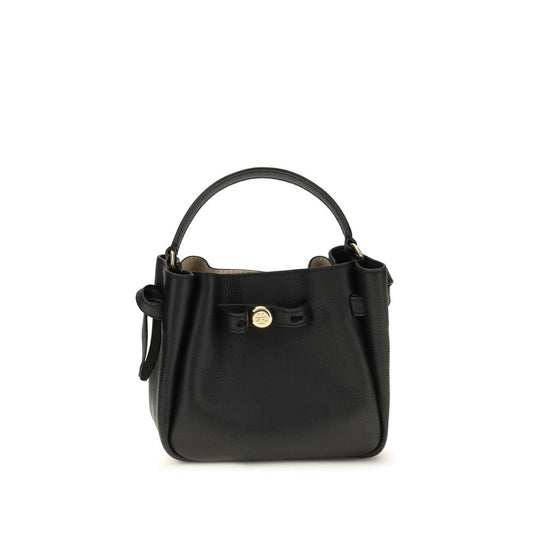 Mini Bucket Shoulder Bag by Tory Burch for women in bos taurus calf grained & suede leather black features a effortless sophistication silhouette, secured by a snap, magnetic & button with ample and versatile shoulder-strap, handle & adjustable-strap for a effortless sophistication finish.