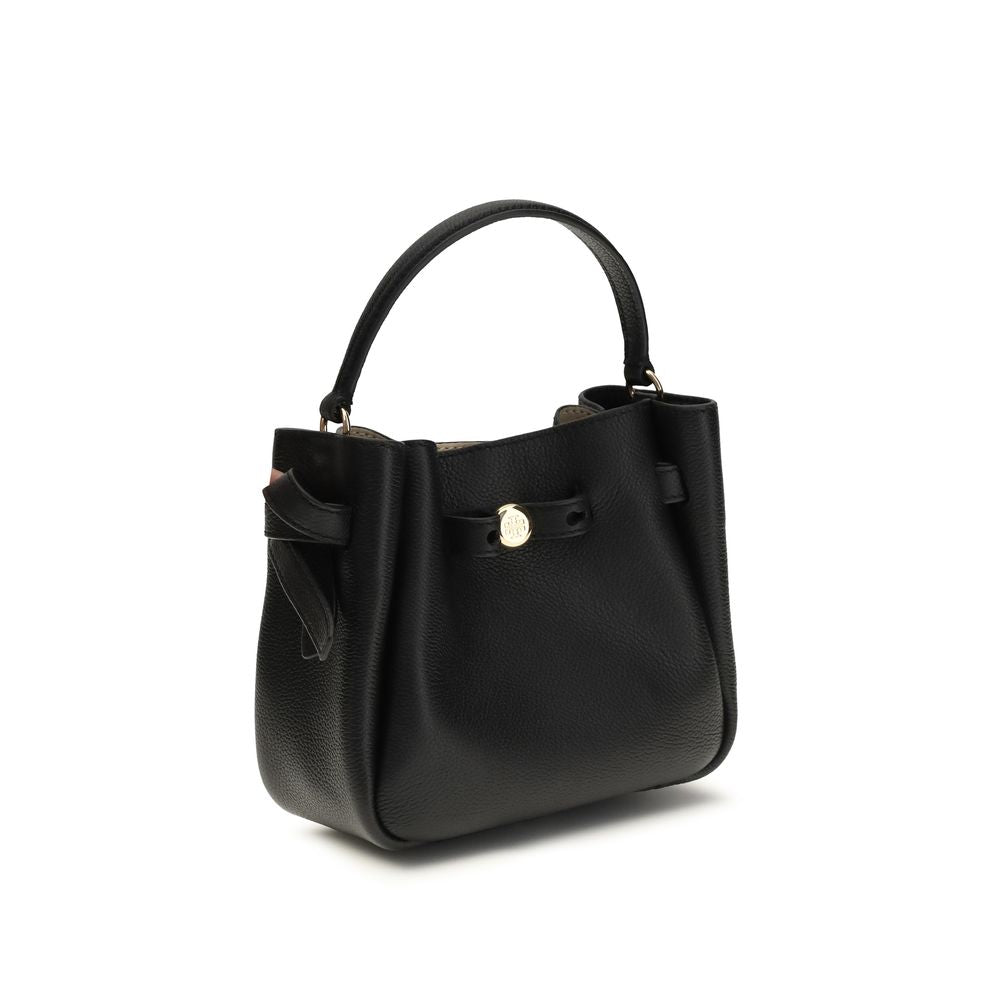 Mini Bucket Shoulder Bag by Tory Burch for women in bos taurus calf grained & suede leather black features a enviable silhouette, showcasing a secure snap, magnetic & button, ample , and enviable shoulder-strap, handle & adjustable-strap for a enviable finish.