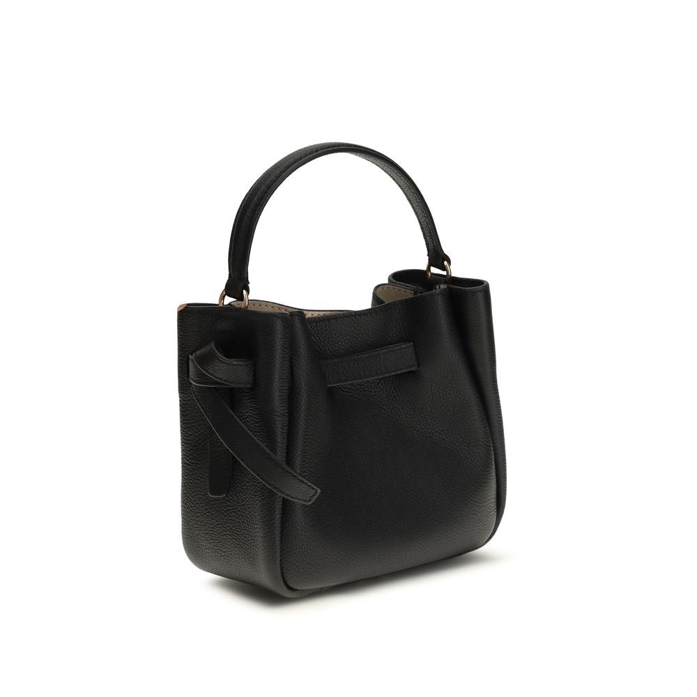 Mini Bucket Shoulder Bag by Tory Burch for women in bos taurus calf grained & suede leather black presents a versatile silhouette, showcasing a secure snap, magnetic & button and versatile with versatile shoulder-strap, handle & adjustable-strap for a sophisticated look.