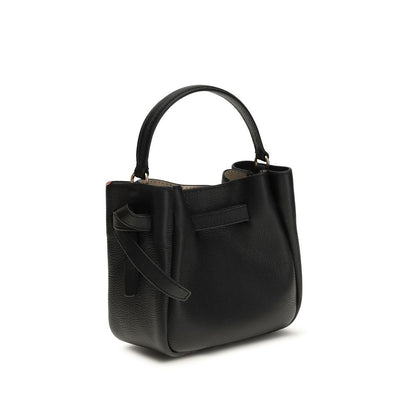 Mini Bucket Shoulder Bag by Tory Burch for women in bos taurus calf grained & suede leather black presents a versatile silhouette, showcasing a secure snap, magnetic & button and versatile with versatile shoulder-strap, handle & adjustable-strap for a sophisticated look.