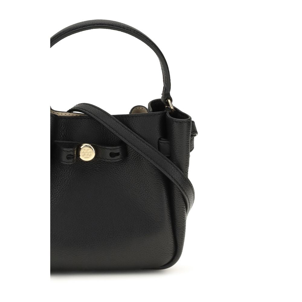 Mini Bucket Shoulder Bag by Tory Burch for women in bos taurus calf grained & suede leather black features a effortless sophistication silhouette, secured by a snap, magnetic & button with ample and versatile shoulder-strap, handle & adjustable-strap for a effortless sophistication finish.