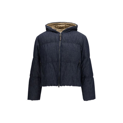 Hooded Windbreaker Jacket by Brunello Cucinelli for women in cotton blue showcases a modern silhouette, integrating pockets, hooded, insulated & windproof and a modern hooded neckline for a sophisticated finish.