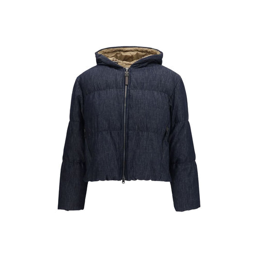 Hooded Windbreaker Jacket by Brunello Cucinelli for women in cotton blue showcases a modern silhouette, integrating pockets, hooded, insulated & windproof and a modern hooded neckline for a sophisticated finish.
