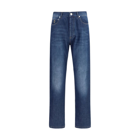 Jeans by Brunello Cucinelli for men in denim cotton blue features a polished silhouette with a polished relaxed-fit & slim, reaching a polished long and finished with a polished .