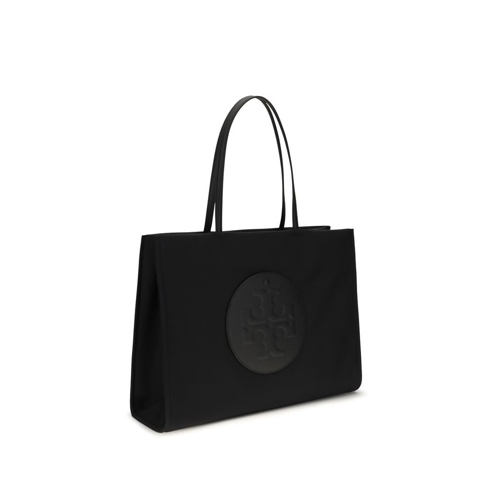 Tote Handbag by Tory Burch for women in nylon fabric black & signature features an refined silhouette, showcasing a secure zipper & magnetic, ample laptop-compartment, and versatile handle for a sophisticated refined aesthetic.