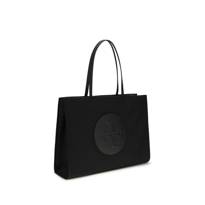 Tote Handbag by Tory Burch for women in nylon fabric black & signature features an refined silhouette, showcasing a secure zipper & magnetic, ample laptop-compartment, and versatile handle for a sophisticated refined aesthetic.