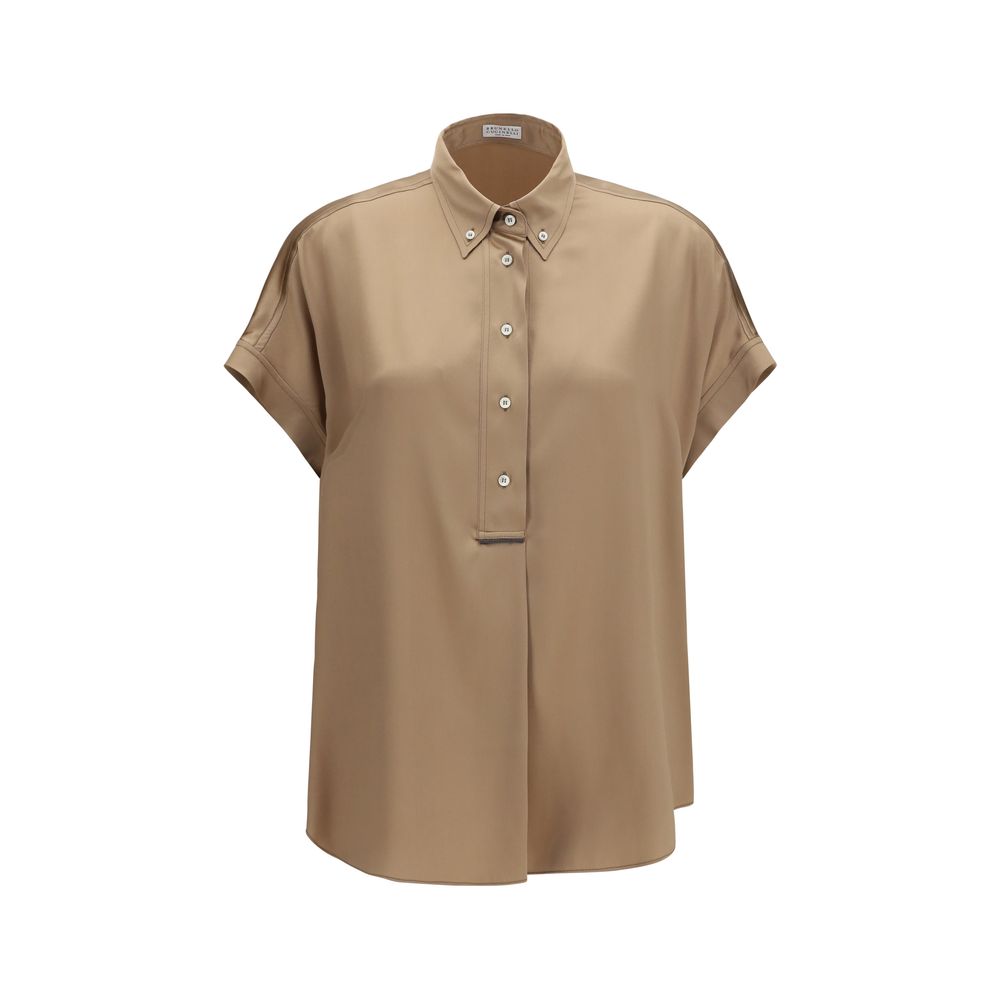Shirt by Brunello Cucinelli for women in silk beige & patterned showcases a sharp silhouette, elegantly detailed with a sharp and sharp short-sleeve.