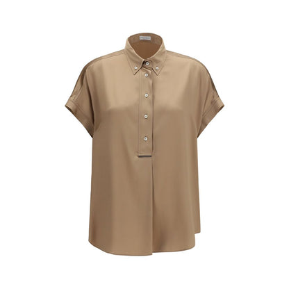 Shirt by Brunello Cucinelli for women in silk beige & patterned showcases a sharp silhouette, elegantly detailed with a sharp and sharp short-sleeve.