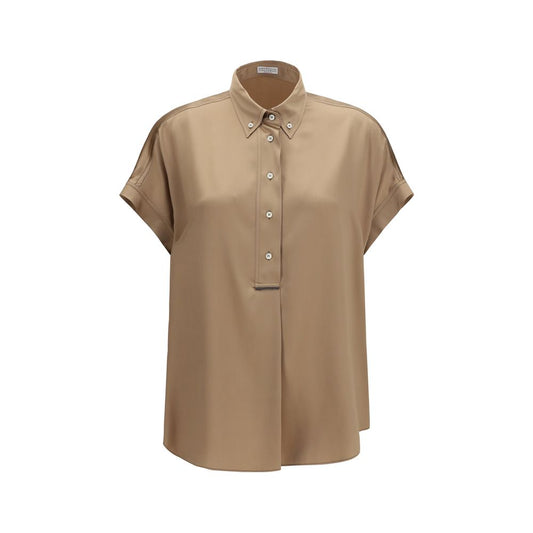 Shirt by Brunello Cucinelli for women in silk beige & patterned showcases a sharp silhouette, elegantly detailed with a sharp and sharp short-sleeve.