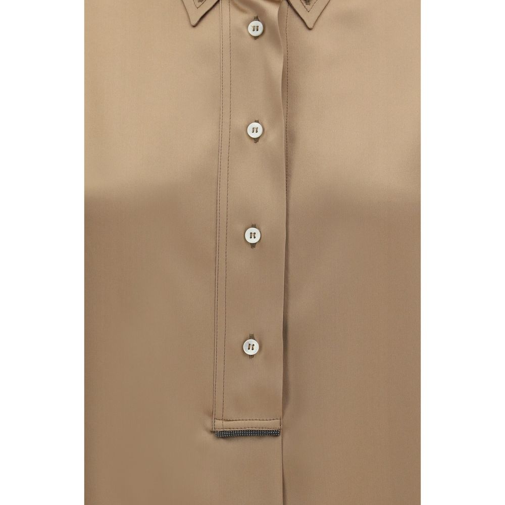 Shirt by Brunello Cucinelli for women in silk beige & patterned features an architectural silhouette with a refined and elegant for a architectural look.