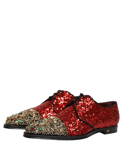 Dolce & Gabbana Red Sequin Embellished Men Derby Dress Shoes
