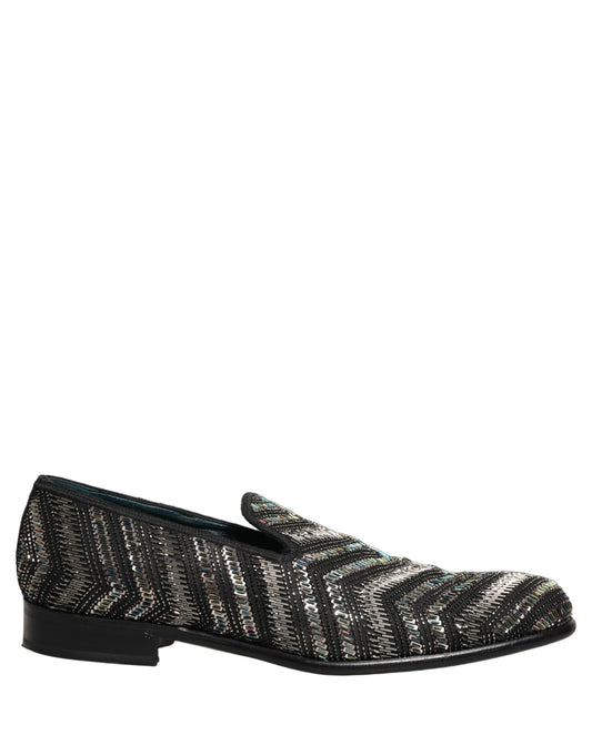 Dolce & Gabbana Black Silver Embellished Slip On Loafers Shoes
