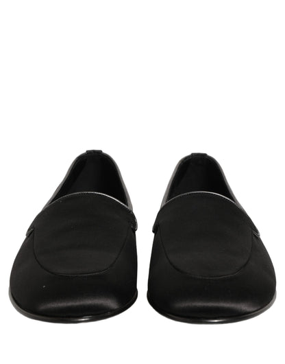 Dolce & Gabbana Black Satin Logo Slip On Flats Loafers Shoes