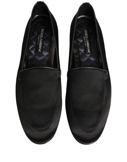 Dolce & Gabbana Black Satin Logo Slip On Flats Loafers Shoes