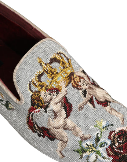 Dolce & Gabbana Gray Crown Rose Angel Embroidery Loafer Shoes