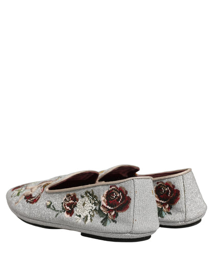 Dolce & Gabbana Gray Crown Rose Angel Embroidery Loafer Shoes