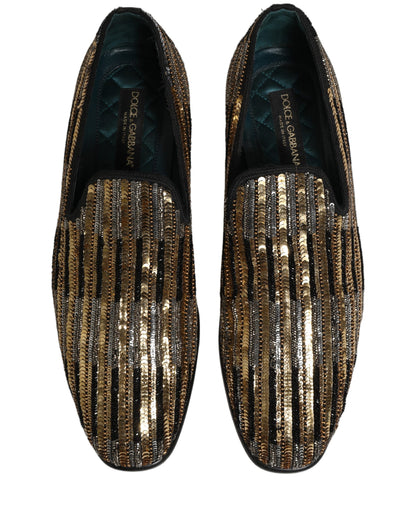 Dolce & Gabbana Gold Striped Sequin Embellished Loafer Shoes