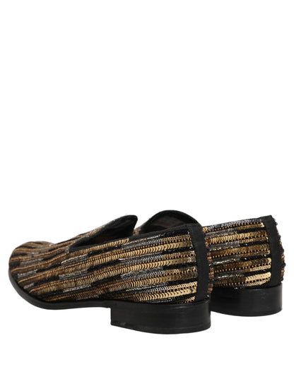 Dolce & Gabbana Gold Striped Sequin Embellished Loafer Shoes