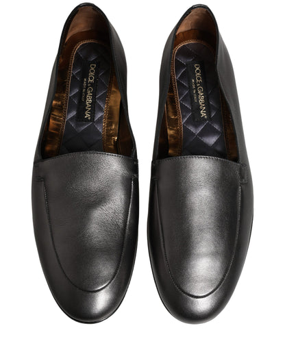 Dolce & Gabbana Silver Leather DG Logo Slip On Loafers Shoes
