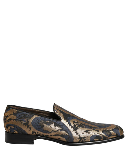 Dolce & Gabbana Blue Brocade Slip On Men Dress Loafers Shoes