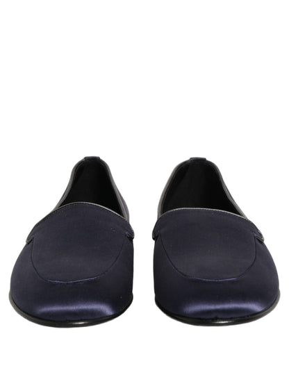 Dolce & Gabbana Blue Satin Logo Slip On Flats Loafers Shoes