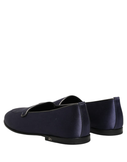 Dolce & Gabbana Blue Satin Logo Slip On Flats Loafers Shoes