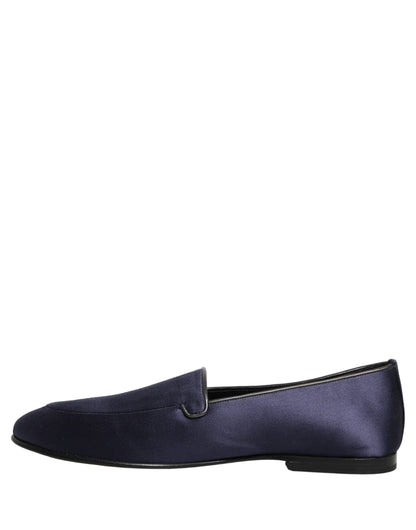 Dolce & Gabbana Blue Satin Logo Slip On Flats Loafers Shoes