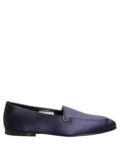 Dolce & Gabbana Blue Satin Logo Slip On Flats Loafers Shoes