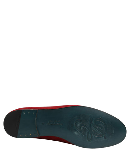 Dolce & Gabbana Red Suede Logo Slip On Flats Loafers Shoes
