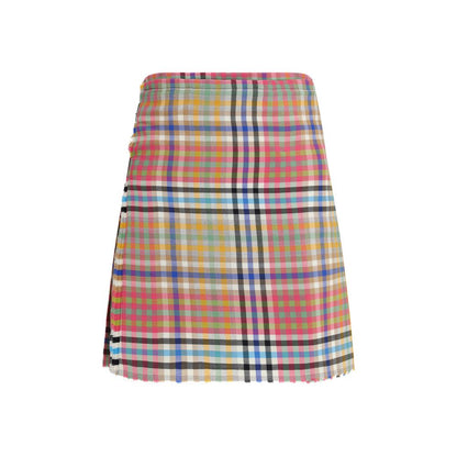 Skirt by Vivienne Westwood for women in leather & wool multicolor & jacquard features an relaxed-yet-refined silhouette that elegantly showcases the Heather Women's Pleated Kilt Flared High Rise Leather & Wool Mini Skirt design and sophisticated mini.