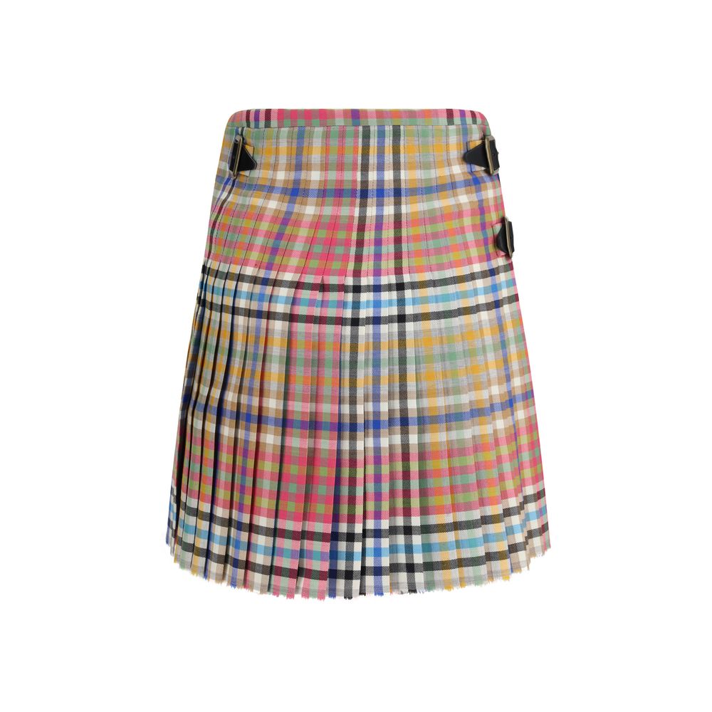 Skirt by Vivienne Westwood for women in leather & wool multicolor & jacquard showcases a dramatic silhouette, artfully capturing the essence of the Heather Women's Pleated Kilt Flared High Rise Leather & Wool Mini Skirt in a dramatic mini cut for a refined look.