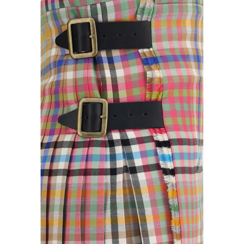 Skirt by Vivienne Westwood for women in leather & wool multicolor & jacquard features a captivating silhouette, showcasing the captivating Heather Women's Pleated Kilt Flared High Rise Leather & Wool Mini Skirt design with a sophisticated mini for a captivating look.