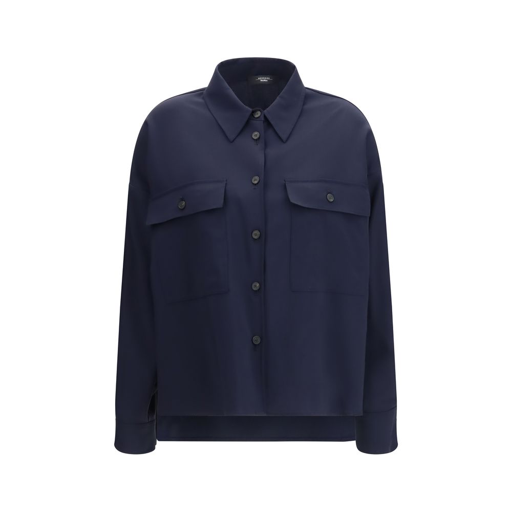 Jacket by Max Mara for women in wool canvas blue & natural presents a impeccable silhouette, showcasing distinct pockets and a impeccable shirt-collar neckline for a sophisticated finish.
