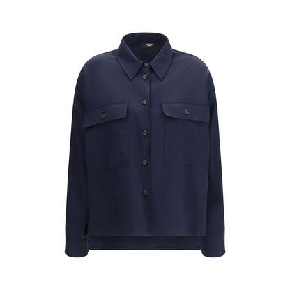 Jacket by Max Mara for women in wool canvas blue & natural presents a impeccable silhouette, showcasing distinct pockets and a impeccable shirt-collar neckline for a sophisticated finish.