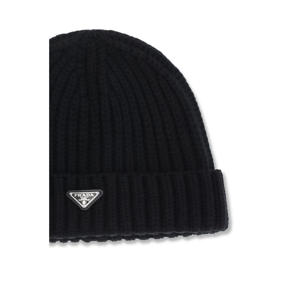 Beanie Hat by Prada for men in virgin wool black features a refined silhouette, showcasing the refined design of the Virgin Wool Beanie Hat for a sophisticated look.
