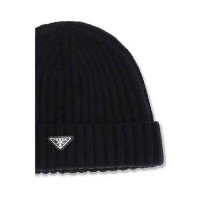 Beanie Hat by Prada for men in virgin wool black features a refined silhouette, showcasing the refined design of the Virgin Wool Beanie Hat for a sophisticated look.