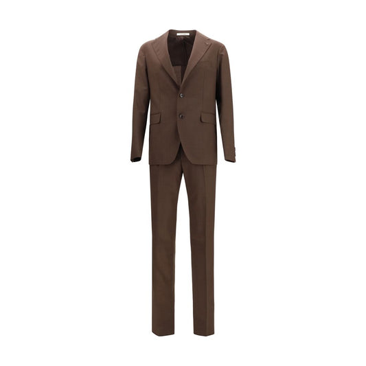 Pant Suit by Tagliatore for men in virgin wool brown presents a sublime silhouette, showcasing a sophisticated lapel neckline and a sublime straight-leg & regular-fit that exemplifies modern elegance.