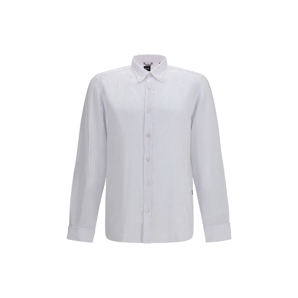 Dress Shirt by Hugo Boss Black for men in linen black & white showcases a sublime silhouette, artfully detailed with a sublime button-down-collar neckline and for a sophisticated, sublime finish.