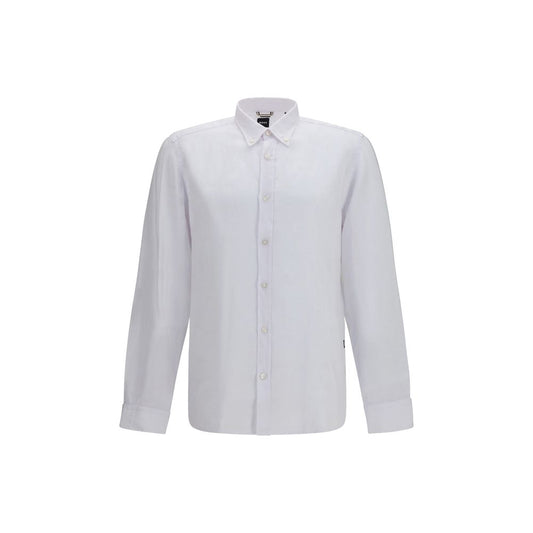Dress Shirt by Hugo Boss Black for men in linen black & white showcases a sublime silhouette, artfully detailed with a sublime button-down-collar neckline and for a sophisticated, sublime finish.
