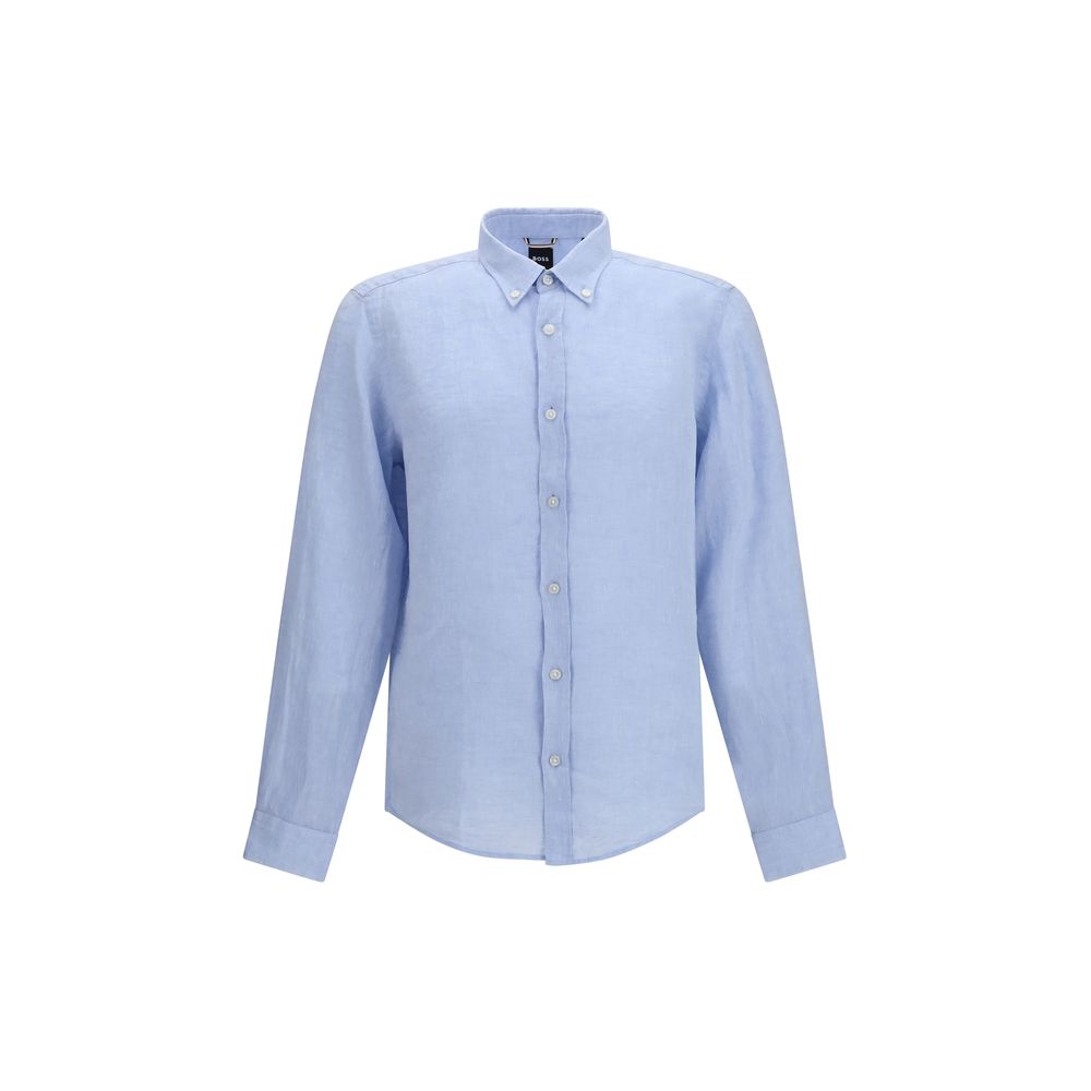 Dress Shirt by Hugo Boss Black for men in linen black & blue features an polished silhouette, showcasing a sophisticated button-down-collar neckline and detail for a truly polished finish.