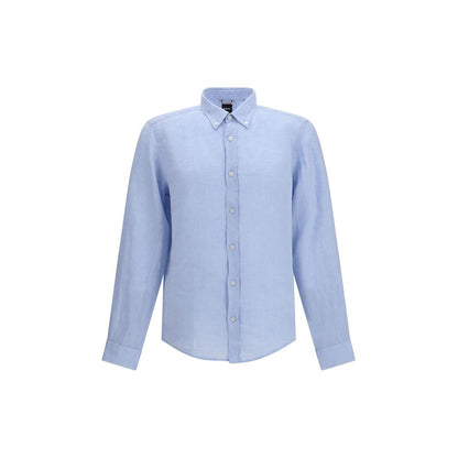 Dress Shirt by Hugo Boss Black for men in linen black & blue features an polished silhouette, showcasing a sophisticated button-down-collar neckline and detail for a truly polished finish.