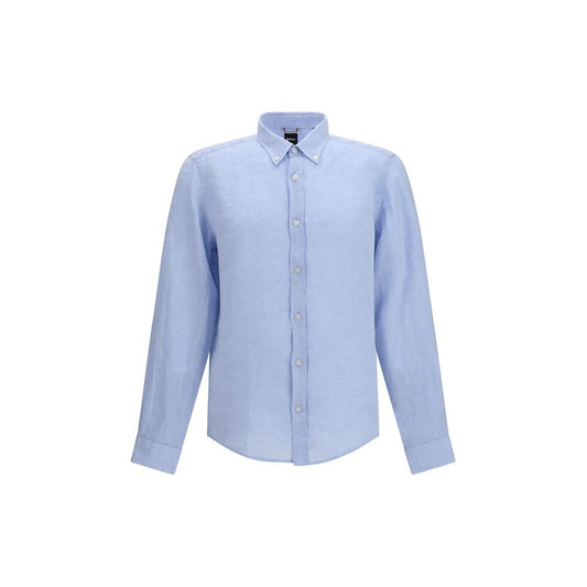 Dress Shirt by Hugo Boss Black for men in linen black & blue features an polished silhouette, showcasing a sophisticated button-down-collar neckline and detail for a truly polished finish.
