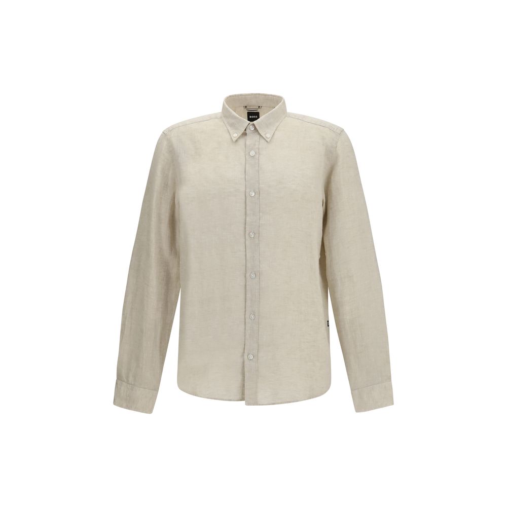 Dress Shirt by Hugo Boss Black for men in linen beige & black showcases a sublime silhouette, artfully detailed with a sublime button-down-collar neckline and for a sophisticated, sublime finish.