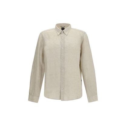 Dress Shirt by Hugo Boss Black for men in linen beige & black showcases a sublime silhouette, artfully detailed with a sublime button-down-collar neckline and for a sophisticated, sublime finish.