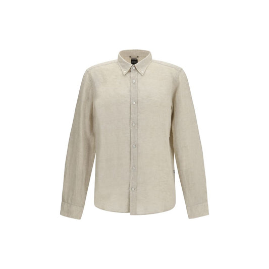 Dress Shirt by Hugo Boss Black for men in linen beige & black showcases a sublime silhouette, artfully detailed with a sublime button-down-collar neckline and for a sophisticated, sublime finish.