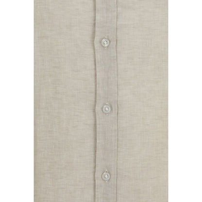 Dress Shirt by Hugo Boss Black for men in linen beige & black features an architectural silhouette with a refined and elegant button-down-collar neckline for a architectural look.