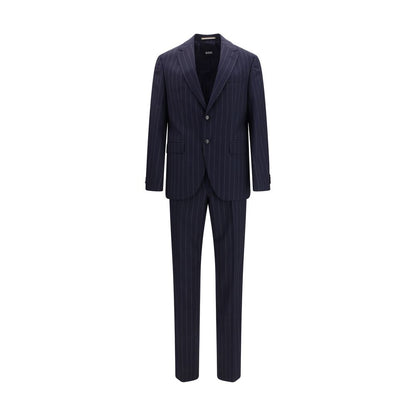 Pant Suit by Hugo Boss Black for men in merino virgin wool black, blue, patterned & striped presents a sharp silhouette, artfully finished with a sharp and a sophisticated regular-fit for a truly sharp look.